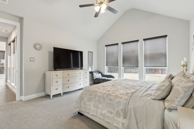 1600 Pebblebrook Ln, Prosper, TX 75078 - carpeted bedroom featuring baseboards, high vaulted ceiling, and ceiling fan