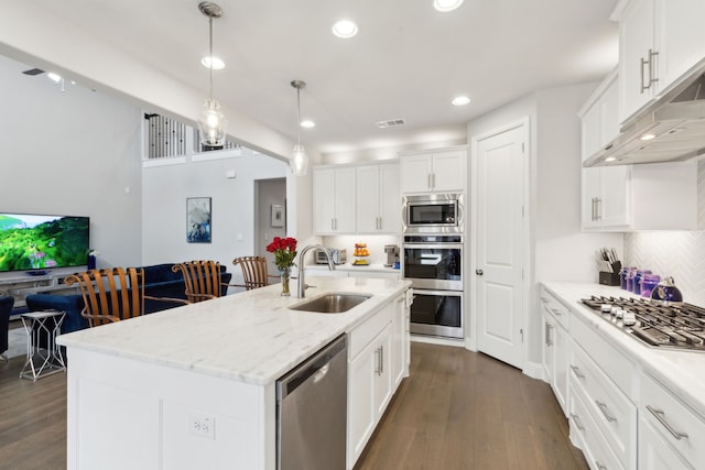 1600 Pebblebrook Ln, Prosper, TX 75078 - kitchen with a sink, appliances with stainless steel finishes, under cabinet range hood, recessed lighting, and dark wood-type flooring