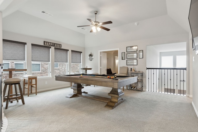 1600 Pebblebrook Ln, Prosper, TX 75078 - playroom featuring pool table, carpet floors, a ceiling fan, and lofted ceiling