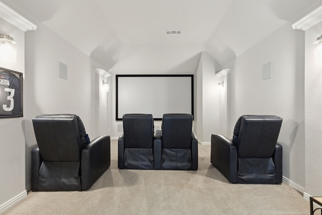 1600 Pebblebrook Ln, Prosper, TX 75078 - carpeted home theater featuring visible vents, baseboards, and vaulted ceiling
