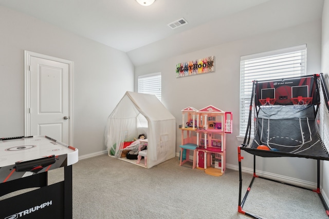 1600 Pebblebrook Ln, Prosper, TX 75078 - playroom featuring carpet, visible vents, baseboards, and lofted ceiling