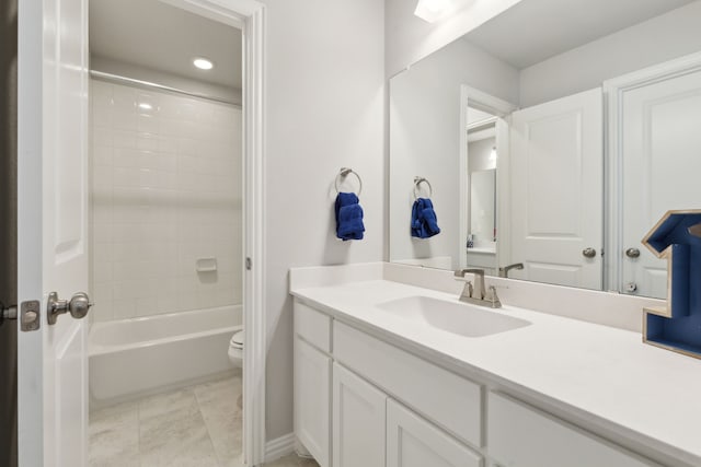 1600 Pebblebrook Ln, Prosper, TX 75078 - bathroom with vanity, tile patterned flooring, recessed lighting, toilet, and shower / bath combination