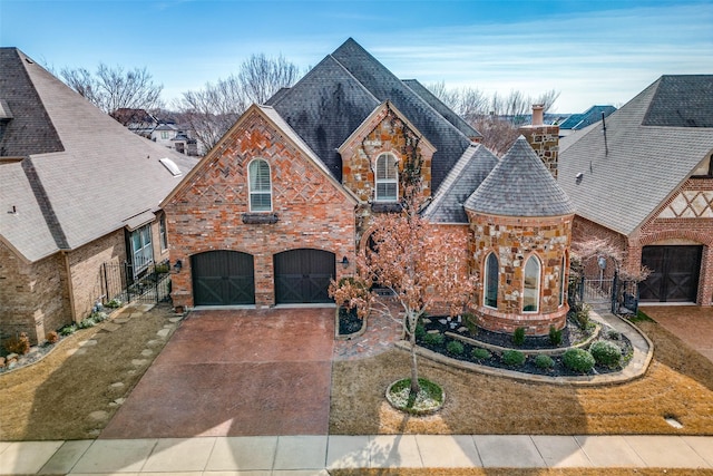 view of front facade featuring brick siding, roof with shingles, a garage, stone siding, and driveway