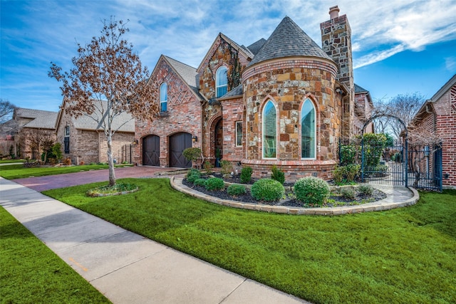 view of front of property featuring driveway, an attached garage, a gate, a front yard, and brick siding