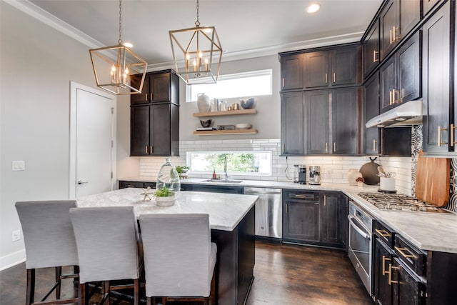 kitchen featuring appliances with stainless steel finishes, dark wood-type flooring, a sink, under cabinet range hood, and a kitchen bar