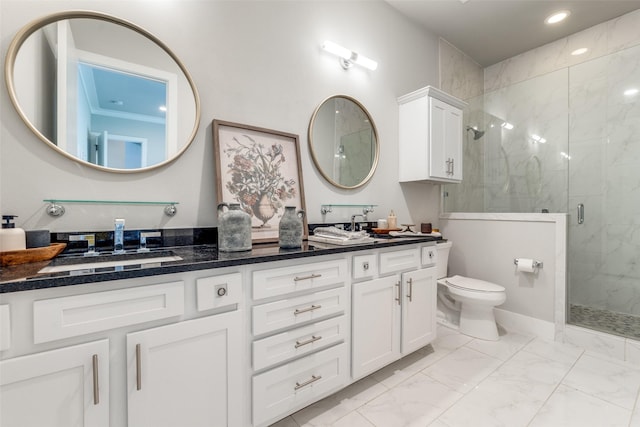 bathroom with double vanity, a marble finish shower, toilet, marble finish floor, and a sink