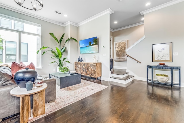 interior space featuring stairs, recessed lighting, dark wood-style floors, and crown molding