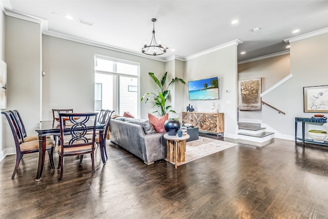 living room with recessed lighting, a notable chandelier, stairway, and wood finished floors