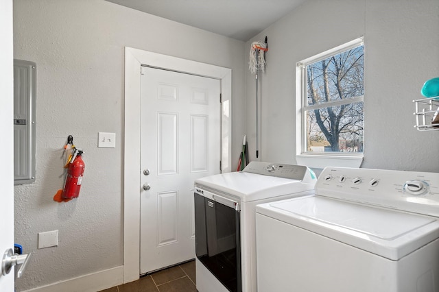 washroom with laundry area, electric panel, a textured wall, and washing machine and clothes dryer