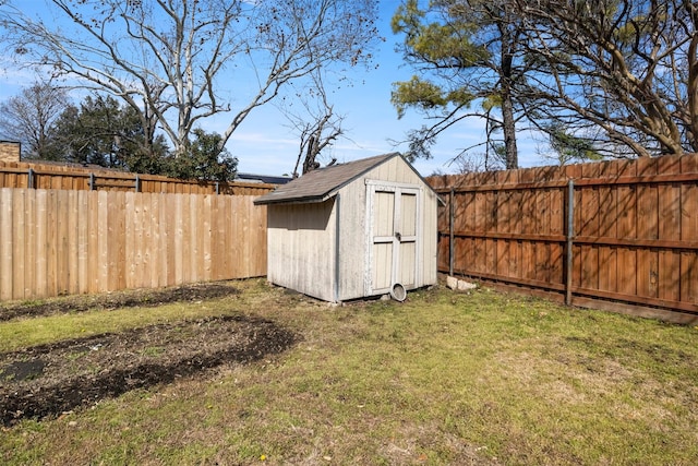 view of shed featuring a fenced backyard