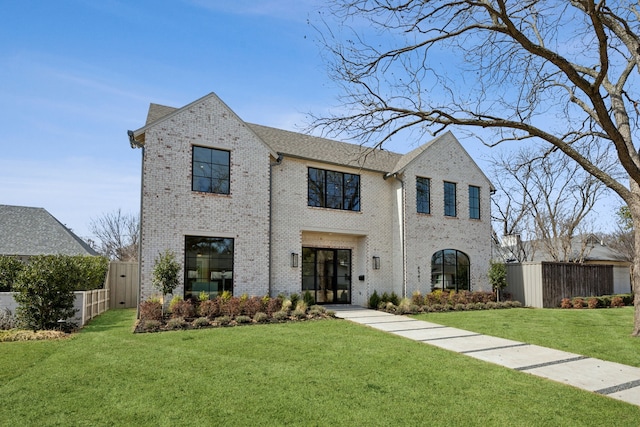 view of front of house with brick siding, fence, and a front lawn