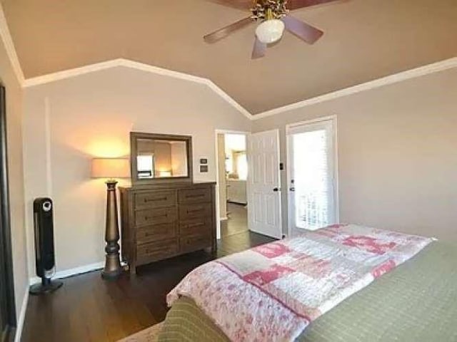 bedroom with lofted ceiling, ornamental molding, a ceiling fan, wood finished floors, and baseboards