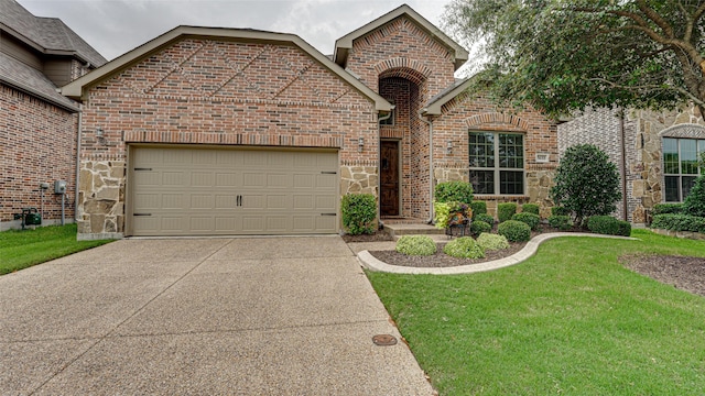 view of front of property featuring driveway, stone siding, an attached garage, a front lawn, and brick siding