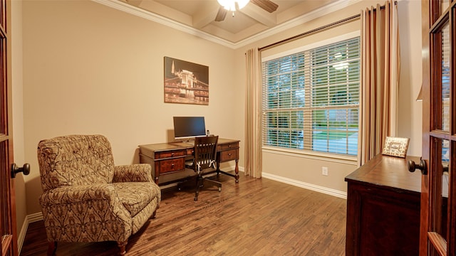 office with ceiling fan, coffered ceiling, wood finished floors, baseboards, and beam ceiling