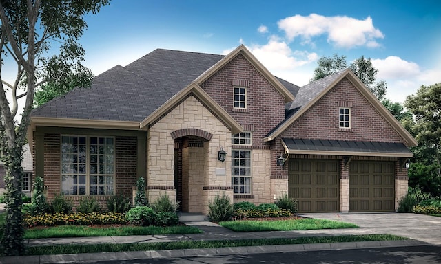 view of front of home with metal roof, brick siding, driveway, and a standing seam roof