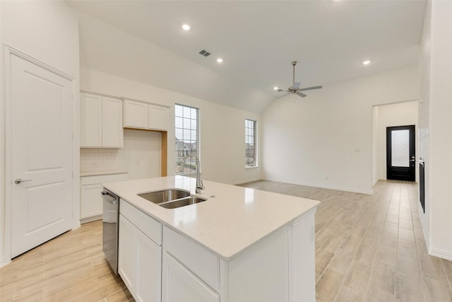 kitchen with dishwasher, visible vents, white cabinets, and a sink