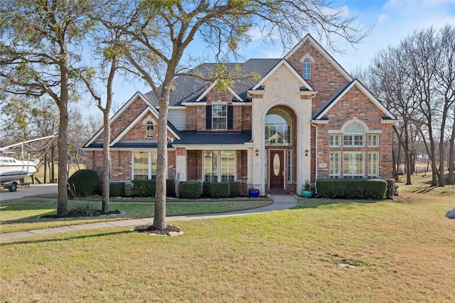 traditional-style home featuring stone siding, brick siding, roof with shingles, and a front yard