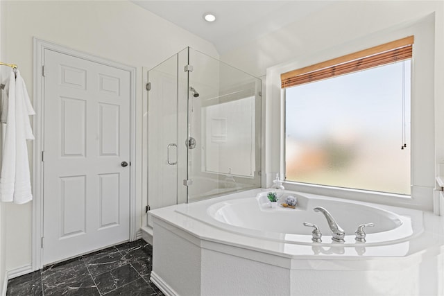 full bath with marble finish floor, a garden tub, and a shower stall