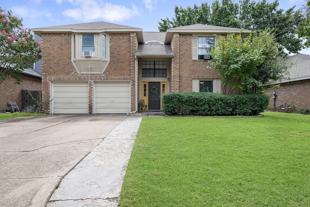 view of front facade with a garage, concrete driveway, cooling unit, a front lawn, and brick siding