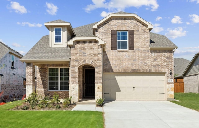 14574 Elion Ct, Pilot Point, TX 75009 - view of front of property featuring concrete driveway, stone siding, a shingled roof, a garage, and brick siding