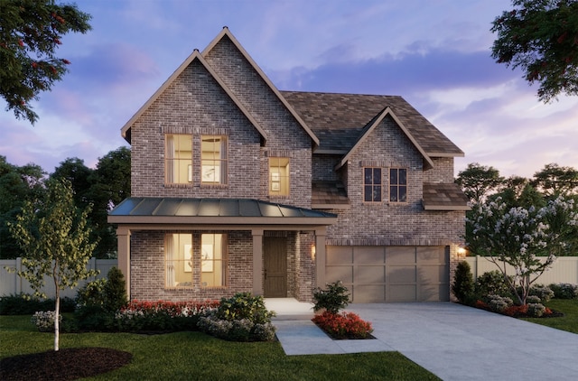 view of front of home with a garage, driveway, a standing seam roof, fence, and brick siding