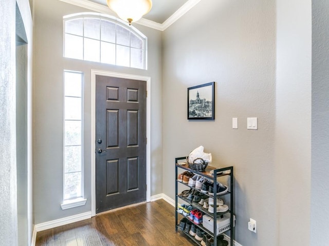 foyer entrance featuring dark wood-style floors, baseboards, and ornamental molding