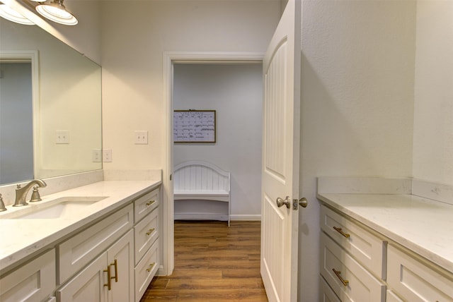 bathroom with wood finished floors and vanity