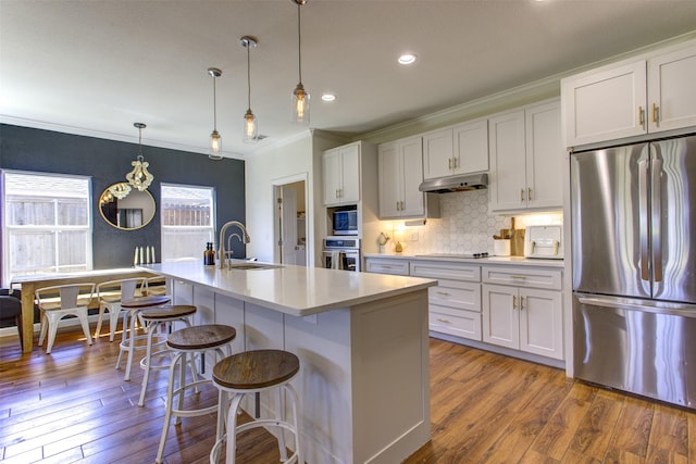 kitchen featuring appliances with stainless steel finishes, a sink, under cabinet range hood, and wood finished floors