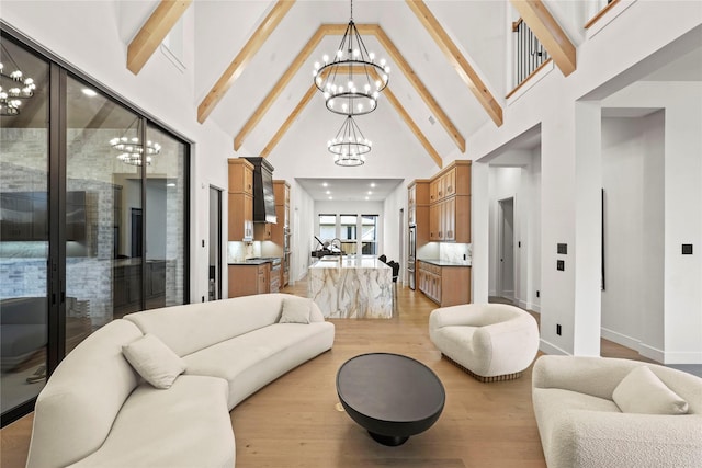 living room featuring light wood-style floors, a notable chandelier, high vaulted ceiling, and beamed ceiling