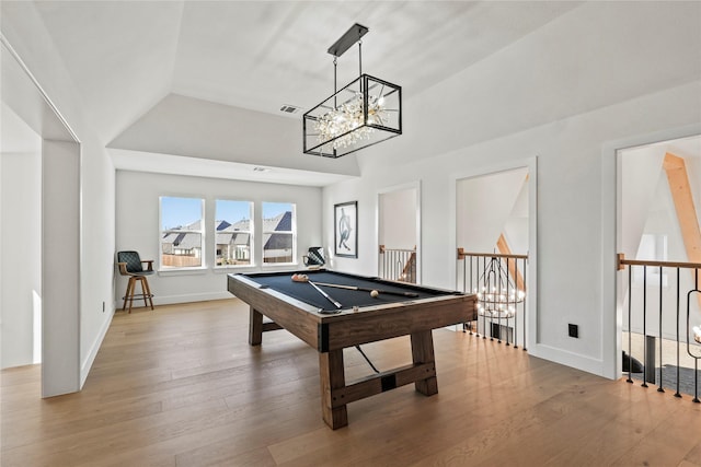 rec room featuring billiards, baseboards, visible vents, hardwood / wood-style flooring, and vaulted ceiling