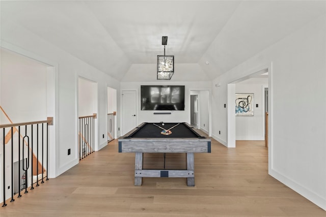 game room featuring a notable chandelier, lofted ceiling, pool table, light wood-style floors, and baseboards