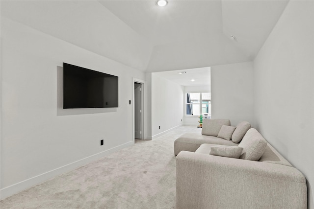 living area featuring carpet, vaulted ceiling, baseboards, and recessed lighting