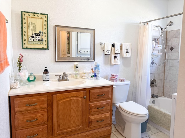 bathroom featuring shower / bath combination with curtain, vanity, toilet, and tile patterned floors