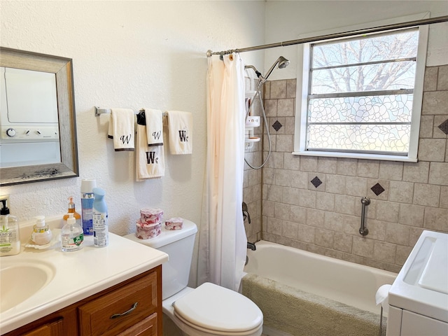 full bath with toilet, a textured wall, shower / bathtub combination with curtain, and vanity