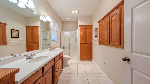 bathroom with double vanity, a stall shower, tile patterned flooring, and a sink