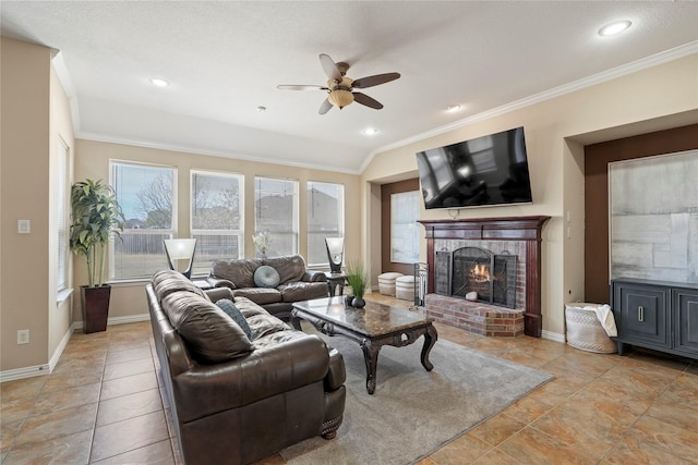 281 Crossbow Dr, Sunnyvale, TX 75182 - living area with a ceiling fan, ornamental molding, a brick fireplace, light tile patterned floors, and recessed lighting