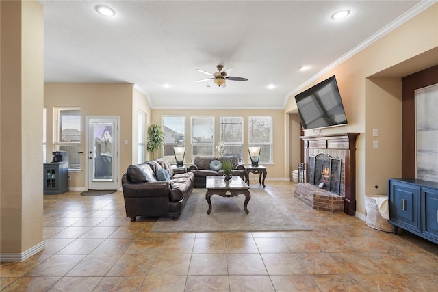 281 Crossbow Dr, Sunnyvale, TX 75182 - living area with a ceiling fan, ornamental molding, a brick fireplace, light tile patterned floors, and recessed lighting