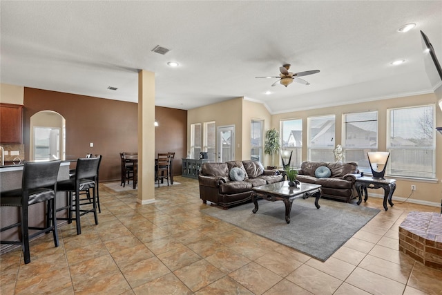 281 Crossbow Dr, Sunnyvale, TX 75182 - living area with ceiling fan, ornamental molding, arched walkways, and recessed lighting