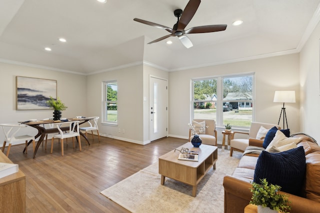 living area featuring ornamental molding, wood finished floors, and a wealth of natural light