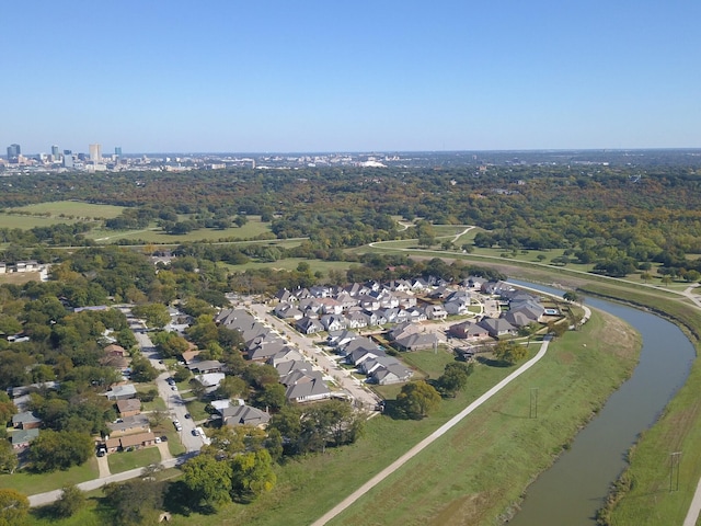 aerial view featuring a water view and a residential view