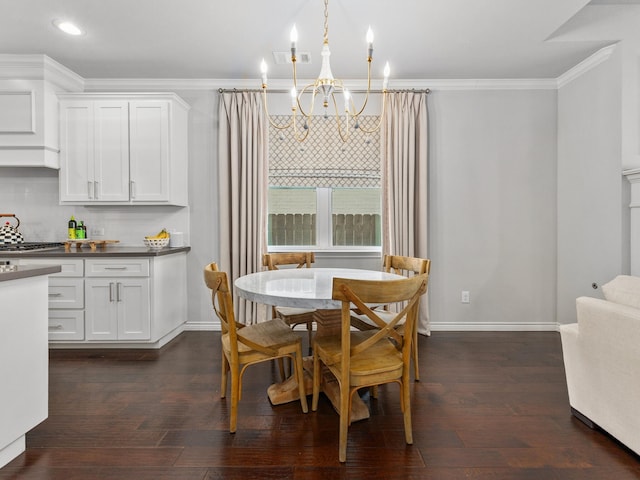 dining space with dark wood-type flooring, visible vents, crown molding, and baseboards