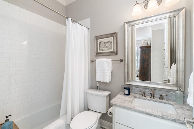 full bathroom with shower / bath combo, vanity, and toilet