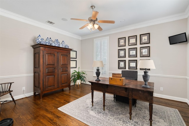 office space with baseboards, wood finished floors, visible vents, and a ceiling fan