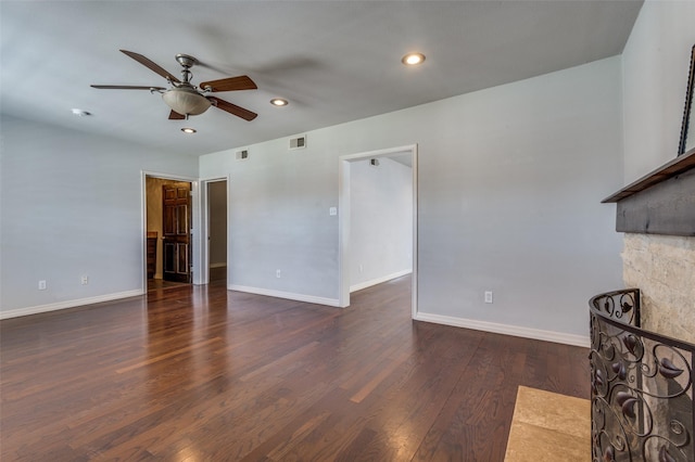 unfurnished living room featuring recessed lighting, visible vents, a ceiling fan, wood finished floors, and baseboards