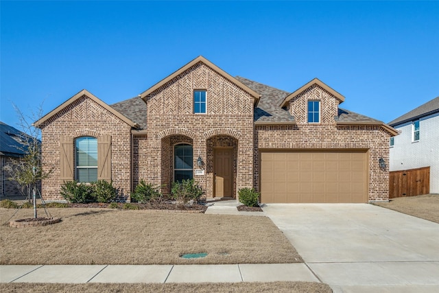 view of front facade featuring driveway, a garage, roof with shingles, fence, and brick siding