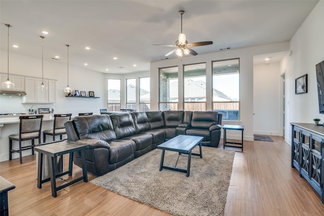 living area featuring a healthy amount of sunlight, light wood finished floors, and visible vents