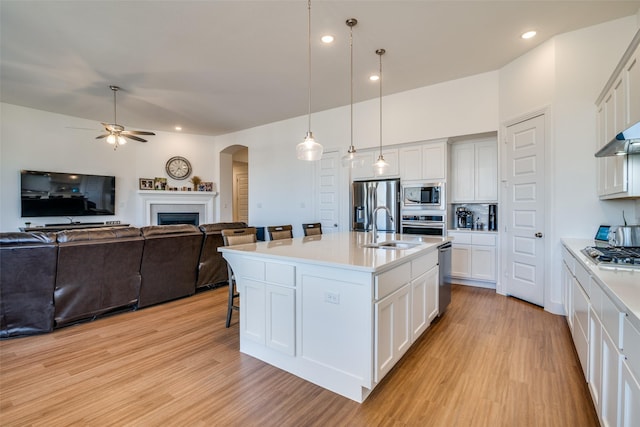 kitchen featuring light wood-type flooring, stainless steel appliances, a sink, and light countertops