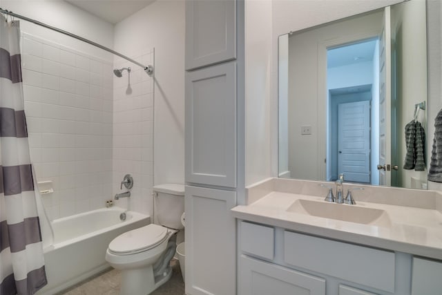 bathroom featuring vanity, toilet, and shower / bathtub combination with curtain