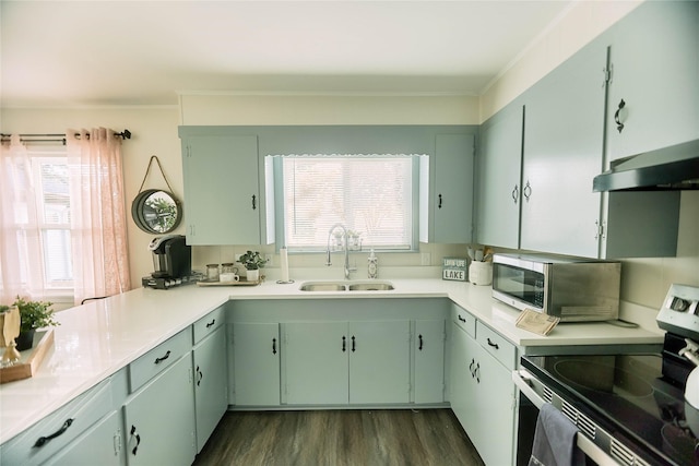 kitchen featuring light countertops, electric range, stainless steel microwave, and a sink