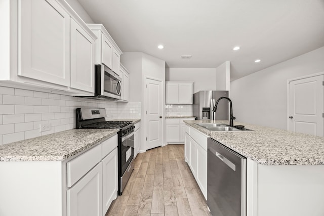 kitchen featuring stainless steel appliances, a sink, white cabinets, light wood-style floors, and tasteful backsplash